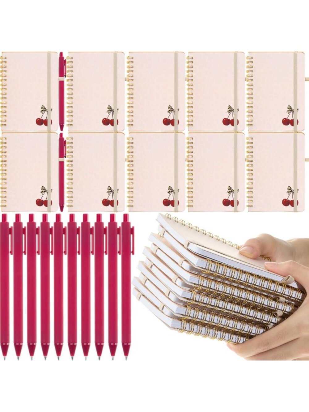 24 Set Cherry A6 Spiral Notebooks & Ballpoint Pens - Small Journals for School